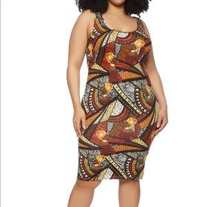 African Print Midi Tank Dress - Brown - Plus Size 1X